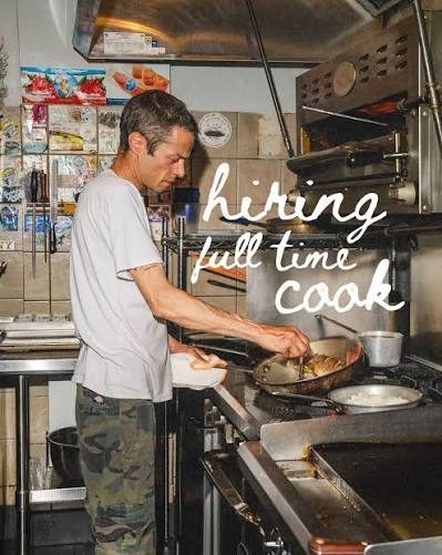 A cook at work in a kitchen, captioned with a hand-lettered hiring note